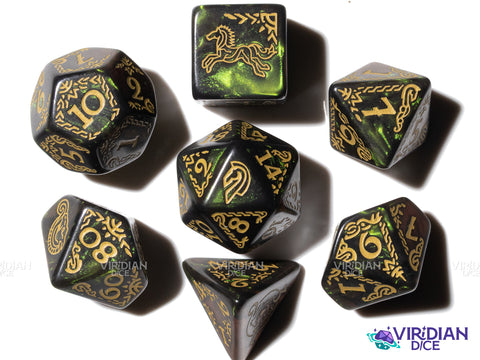 Rohan | The Lord of the Rings (LOTR) | Shimmery Green, Yellow Ink | Polyhedral Dice Set (7)