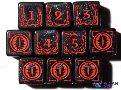 Mordor (D6 Set) | The Lord of the Rings (LOTR) | Black Sparkly, Red Ink | D6 Set (10)