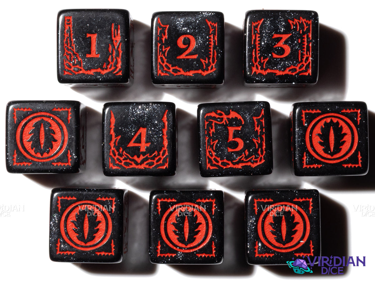 Mordor (D6 Set) | The Lord of the Rings (LOTR) | Black Sparkly, Red Ink | D6 Set (10)
