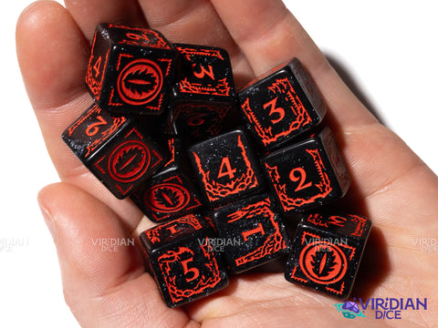 Mordor D6s (Set of 10) | The Lord of the Rings (LOTR) | Black Sparkly, Red Ink | D6 Dice