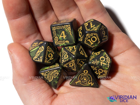 Rohan | The Lord of the Rings (LOTR) | Shimmery Green, Yellow Ink | Polyhedral Dice Set (7)