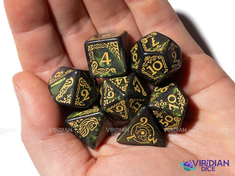 Rohan | The Lord of the Rings (LOTR) | Shimmery Green, Yellow Ink | Polyhedral Dice Set (7)