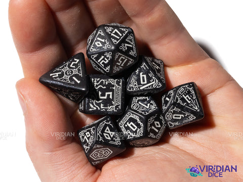 Moria | The Lord of the Rings (LOTR) | Dwarven, Black, Glow In The Dark, White Ink | Polyhedral Dice Set (7)