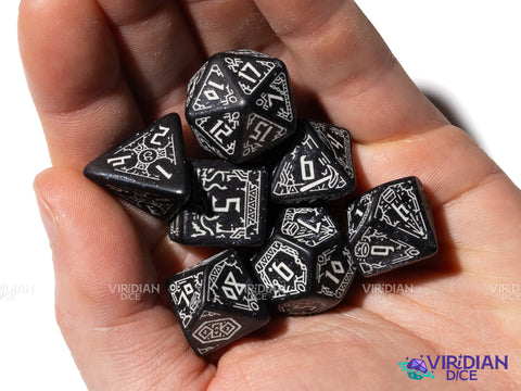 Moria | The Lord of the Rings (LOTR) | Dwarven, Black, Glow In The Dark, White Ink | Polyhedral Dice Set (7)