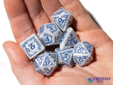 Rivendell (Stone) | The Lord of the Rings (LOTR) | Pearled White, Blue Ink | Polyhedral Dice Set (7)