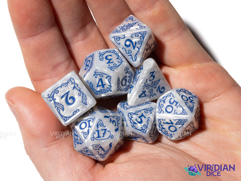 Rivendell (Stone) | The Lord of the Rings (LOTR) | Pearled White, Blue Ink | Polyhedral Dice Set (7)