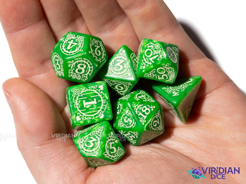 The Shire | The Lord of the Rings (LOTR) | Green Pearled, Cream Ink | Polyhedral Dice Set (7)
