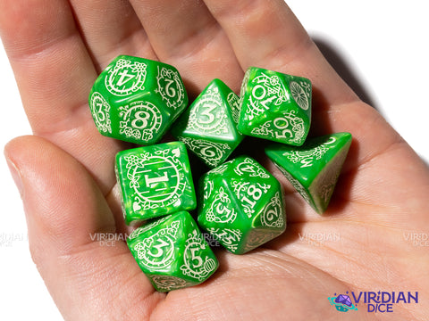 The Shire | The Lord of the Rings (LOTR) | Green Pearled, Cream Ink | Polyhedral Dice Set (7)