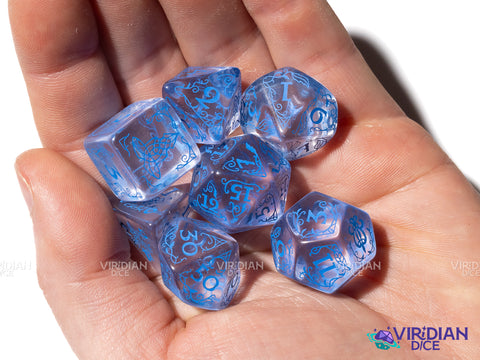 Rivendell (Water) | The Lord of the Rings (LOTR) | Clear, Blue Ink | Polyhedral Dice Set (7)