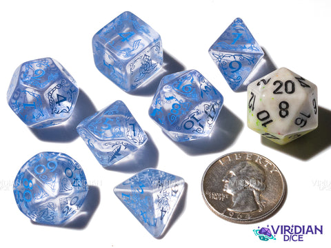 Rivendell (Water) | The Lord of the Rings (LOTR) | Clear, Blue Ink | Polyhedral Dice Set (7)
