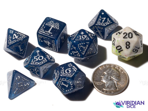Gondor | The Lord of the Rings (LOTR) | Sparkly Blue, Silver Ink | Polyhedral Dice Set (7)