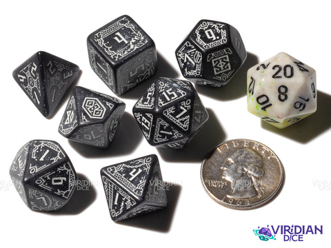 Moria | The Lord of the Rings (LOTR) | Dwarven, Black, Glow In The Dark, White Ink | Polyhedral Dice Set (7)