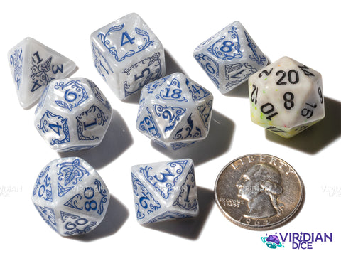 Rivendell (Stone) | The Lord of the Rings (LOTR) | Pearled White, Blue Ink | Polyhedral Dice Set (7)