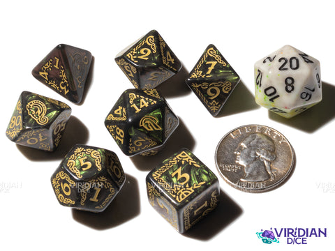 Rohan | The Lord of the Rings (LOTR) | Shimmery Green, Yellow Ink | Polyhedral Dice Set (7)