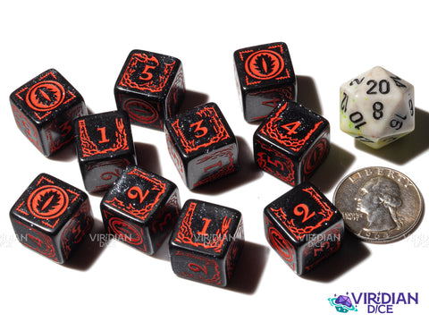Mordor (D6 Set) | The Lord of the Rings (LOTR) | Black Sparkly, Red Ink | D6 Set (10)