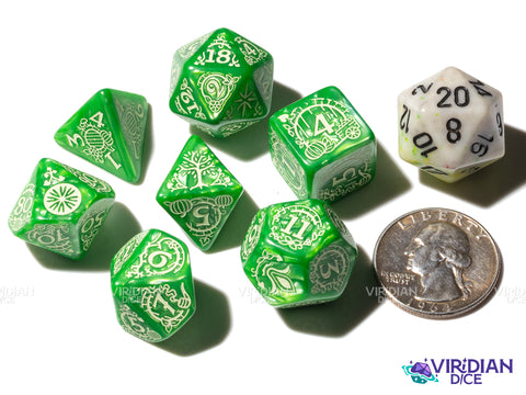 The Shire | The Lord of the Rings (LOTR) | Green Pearled, Cream Ink | Polyhedral Dice Set (7)