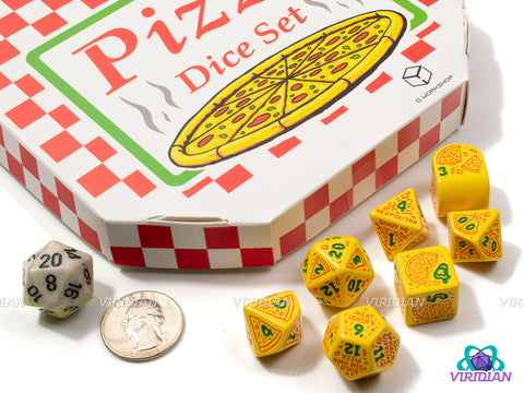 Pizza: Margherita | Yellow with Red Pizza & Toppings Designs | Acrylic Dice Set (7)