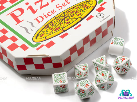 Pizza: Pepperoni | White with Green Pizza & Toppings Designs | Acrylic Dice Set (7)