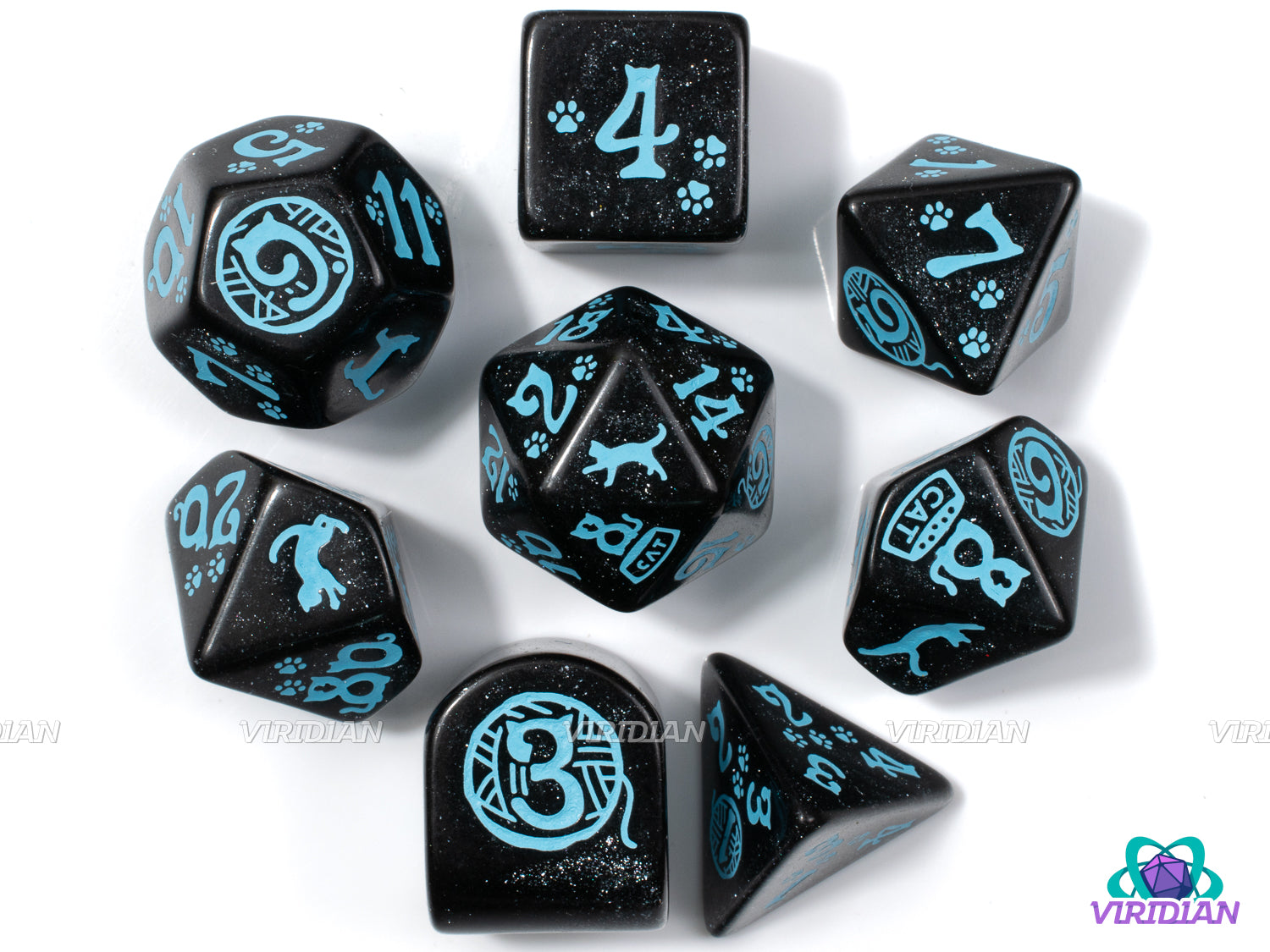 Q-Workshop 20th Anniversary: Cats | Glittery Back & Turquoise-Blue | Acrylic Dice Set (7)