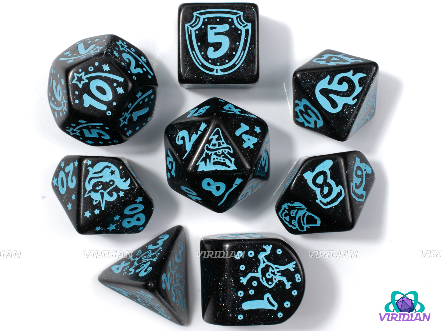 Q-Workshop 20th Anniversary: My Very First Set | Glittery Back & Turquoise-Blue | Acrylic Dice Set (7)