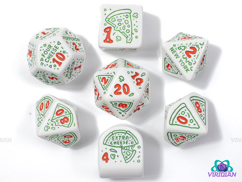 Pizza: Pepperoni | White with Green Pizza & Toppings Designs | Acrylic Dice Set (7)