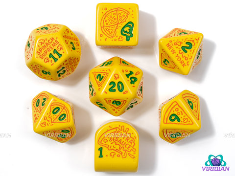 Pizza: Margherita | Yellow with Red Pizza & Toppings Designs | Acrylic Dice Set (7)