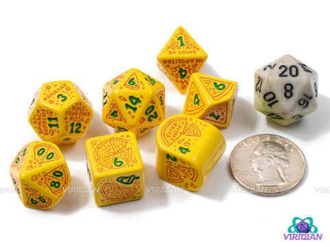 Pizza: Margherita | Yellow with Red Pizza & Toppings Designs | Acrylic Dice Set (7)