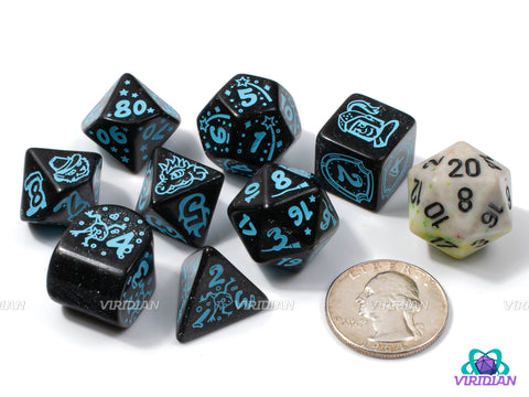 Q-Workshop 20th Anniversary: My Very First Set | Glittery Back & Turquoise-Blue | Acrylic Dice Set (7)