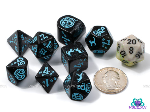 Q-Workshop 20th Anniversary: Cats | Glittery Back & Turquoise-Blue | Acrylic Dice Set (7)