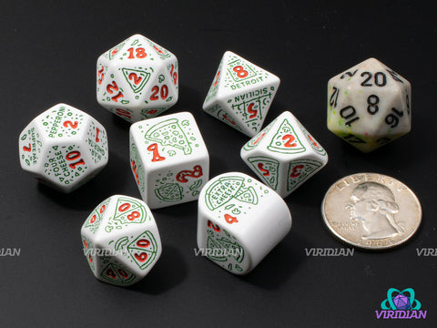 Pizza: Pepperoni | White with Green Pizza & Toppings Designs | Acrylic Dice Set (7)