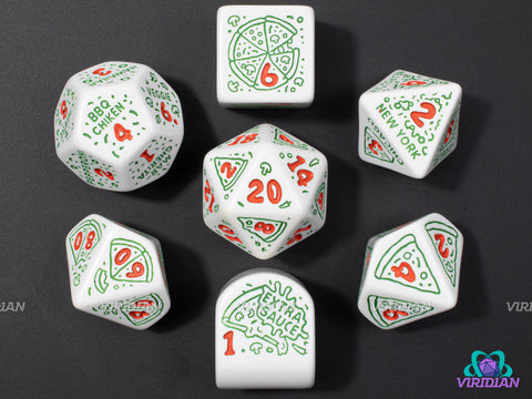 Pizza: Pepperoni | White with Green Pizza & Toppings Designs | Acrylic Dice Set (7)