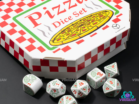 Pizza: Pepperoni | White with Green Pizza & Toppings Designs | Acrylic Dice Set (7)