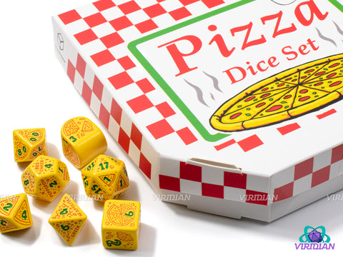 Pizza: Margherita | Yellow with Red Pizza & Toppings Designs | Acrylic Dice Set (7)