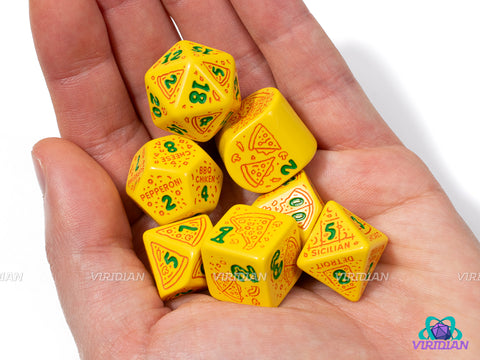 Pizza: Margherita | Yellow with Red Pizza & Toppings Designs | Acrylic Dice Set (7)