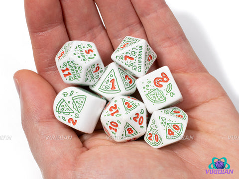 Pizza: Pepperoni | White with Green Pizza & Toppings Designs | Acrylic Dice Set (7)