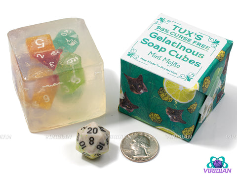 Tux's 98% Curse-Free Gelatinous Dice Soap | Handmade Bar with Mystery Dice Set Inside | (1) Cube (4oz Soap, 1oz dice) | Made in Syracuse, NY