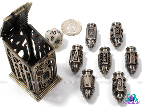 Silver Bullet | Six-Shooter Brushed Silver Round Bullet Ornate Shape | Metal Dice Set (7)