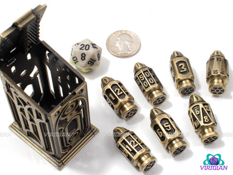 Gunslinger | Six-Shooter Brushed Bronze Round Bullet Ornate Shape | Metal Dice Set (7)