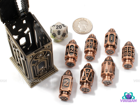 Trigger Happy | Six-Shooter Brushed Copper Round Bullet Ornate Shape | Metal Dice Set (7)