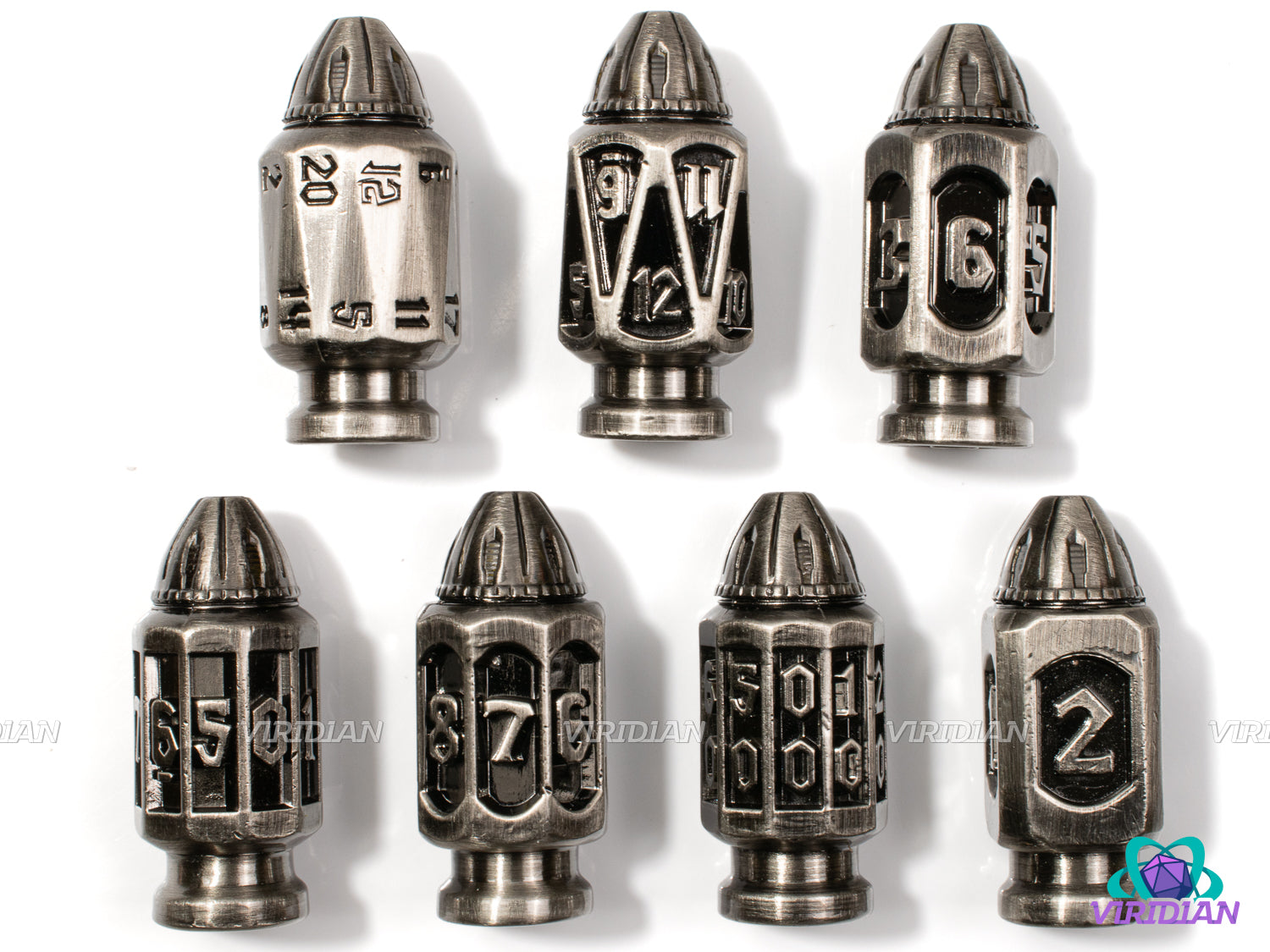 Silver Bullet | Six-Shooter Brushed Silver Round Bullet Ornate Shape | Metal Dice Set (7)