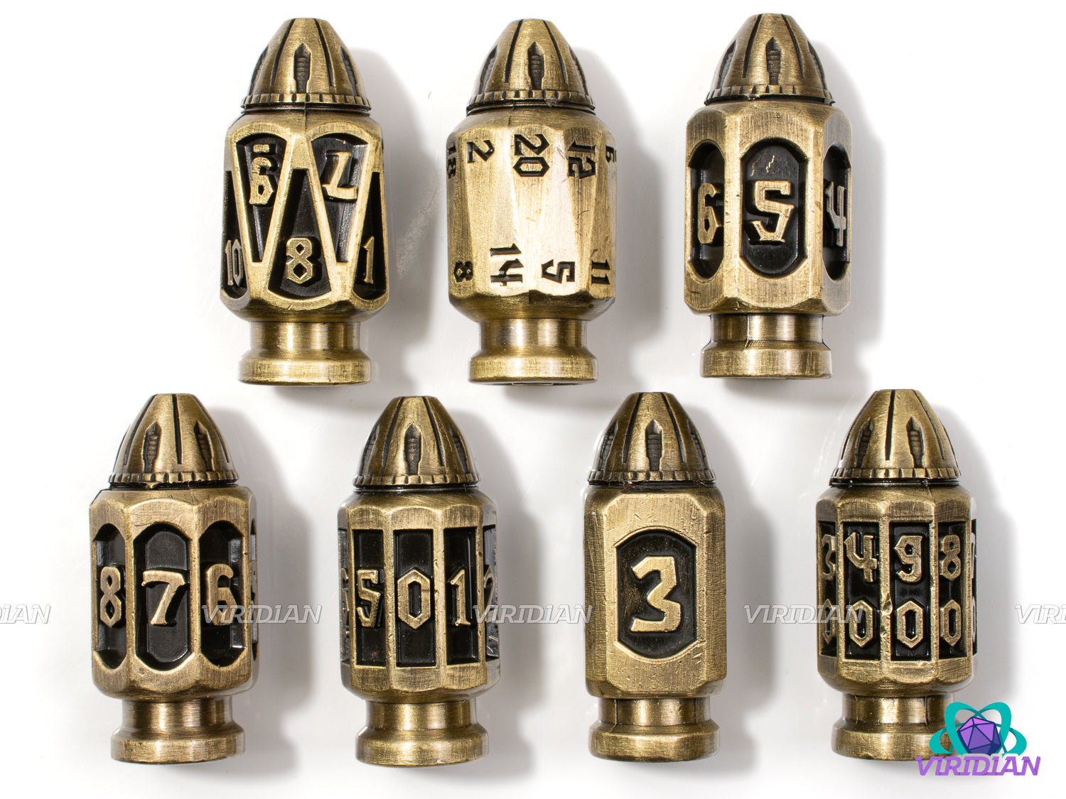 Gunslinger | Six-Shooter Brushed Bronze Round Bullet Ornate Shape | Metal Dice Set (7)