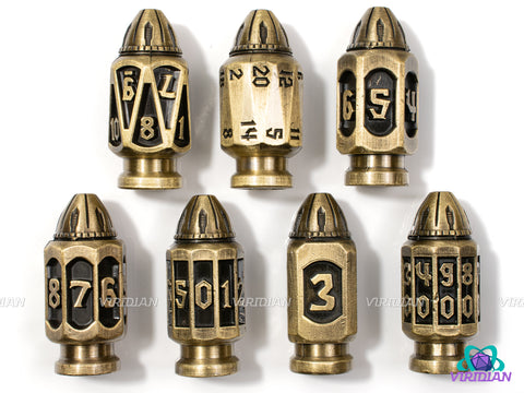 Gunslinger | Six-Shooter Brushed Bronze Round Bullet Ornate Shape | Metal Dice Set (7)