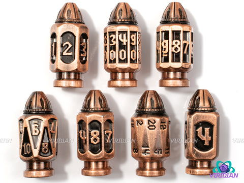 Trigger Happy | Six-Shooter Brushed Copper Round Bullet Ornate Shape | Metal Dice Set (7)