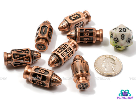 Trigger Happy | Six-Shooter Brushed Copper Round Bullet Ornate Shape | Metal Dice Set (7)