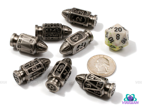 Silver Bullet | Six-Shooter Brushed Silver Round Bullet Ornate Shape | Metal Dice Set (7)