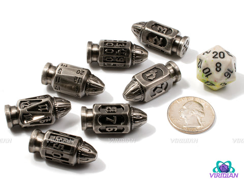 Silver Bullet | Six-Shooter Brushed Silver Round Bullet Ornate Shape | Metal Dice Set (7)