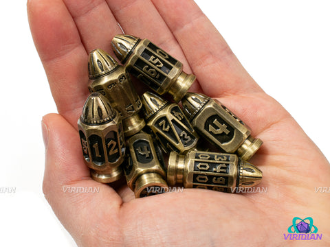 Gunslinger | Six-Shooter Brushed Bronze Round Bullet Ornate Shape | Metal Dice Set (7)