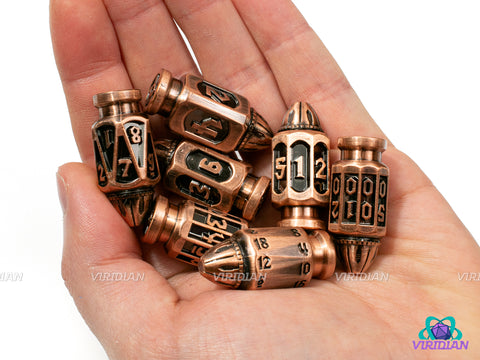 Trigger Happy | Six-Shooter Brushed Copper Round Bullet Ornate Shape | Metal Dice Set (7)