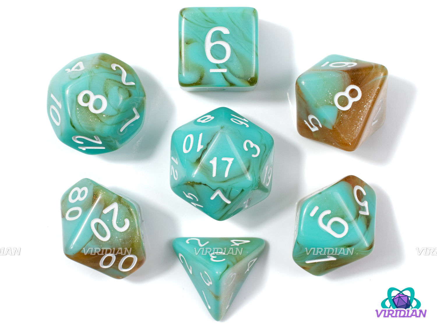 Jade Amber | Light Mint Turquoise-Green Jade, Glittery Beachy Brown Swirls | Acrylic Dice Set (7)