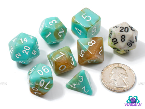 Jade Amber | Light Mint Turquoise-Green Jade, Glittery Beachy Brown Swirls | Acrylic Dice Set (7)